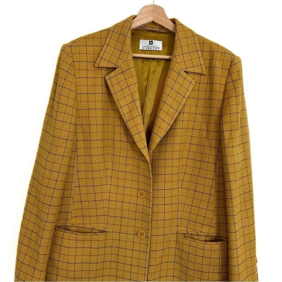 VTG Givenchy Women 14W Wool Yellow Oversized Plaid Boyfriend Blazer Jacket - Picture 2 of 7